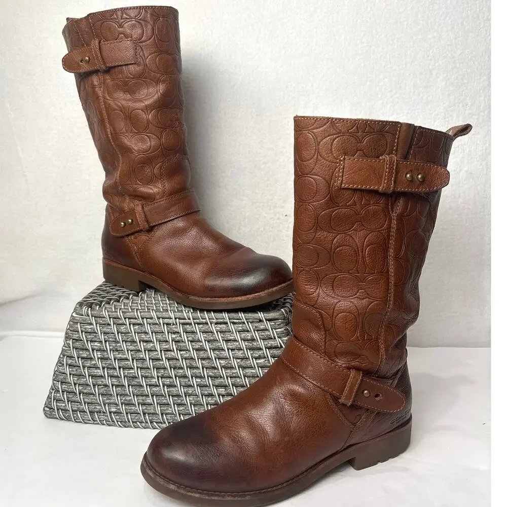 Coach Virginia Embossed Logo Women Boots Size 8 Brown Leather Tall Boots